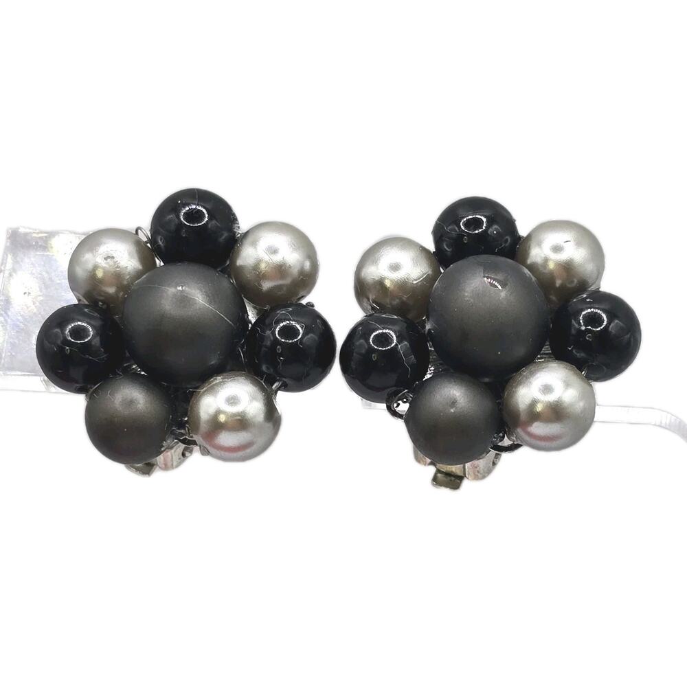 Earrings Japan Vintage Gray Black Clustered Beaded Clip On SKU 3196